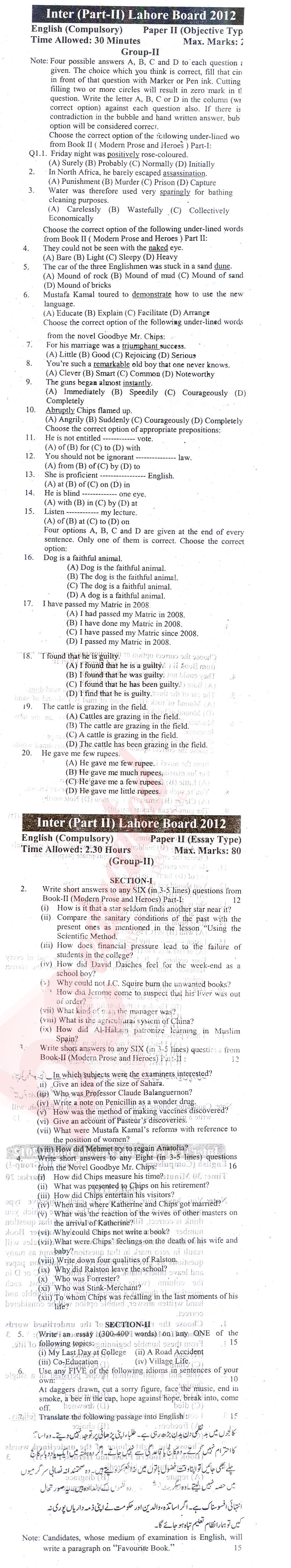 English 12th class Past Paper Group 2 BISE Lahore 2012