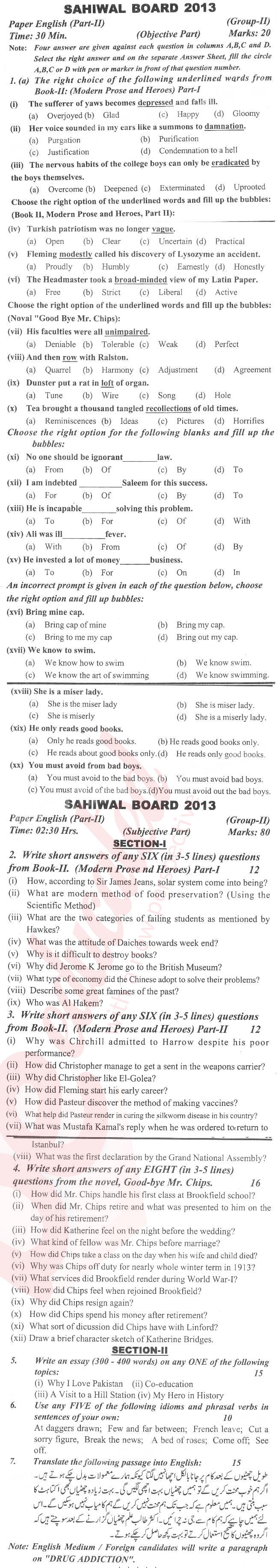 English 12th class Past Paper Group 2 BISE Sahiwal 2013