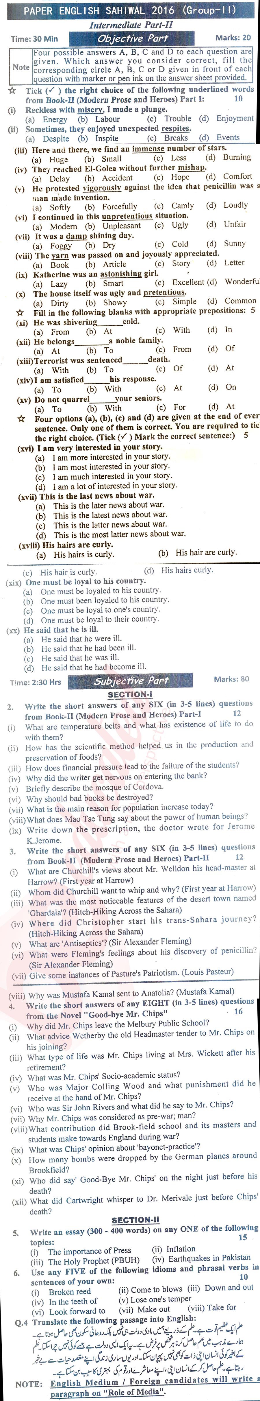 English 12th class Past Paper Group 2 BISE Sahiwal 2016