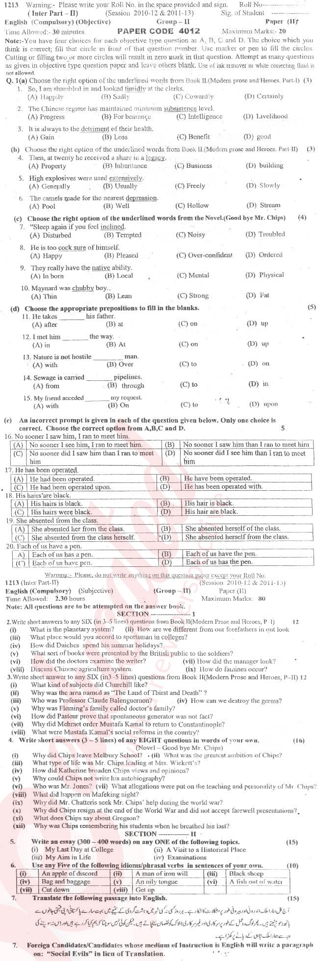 English 12th class Past Paper Group 2 BISE Sargodha 2013