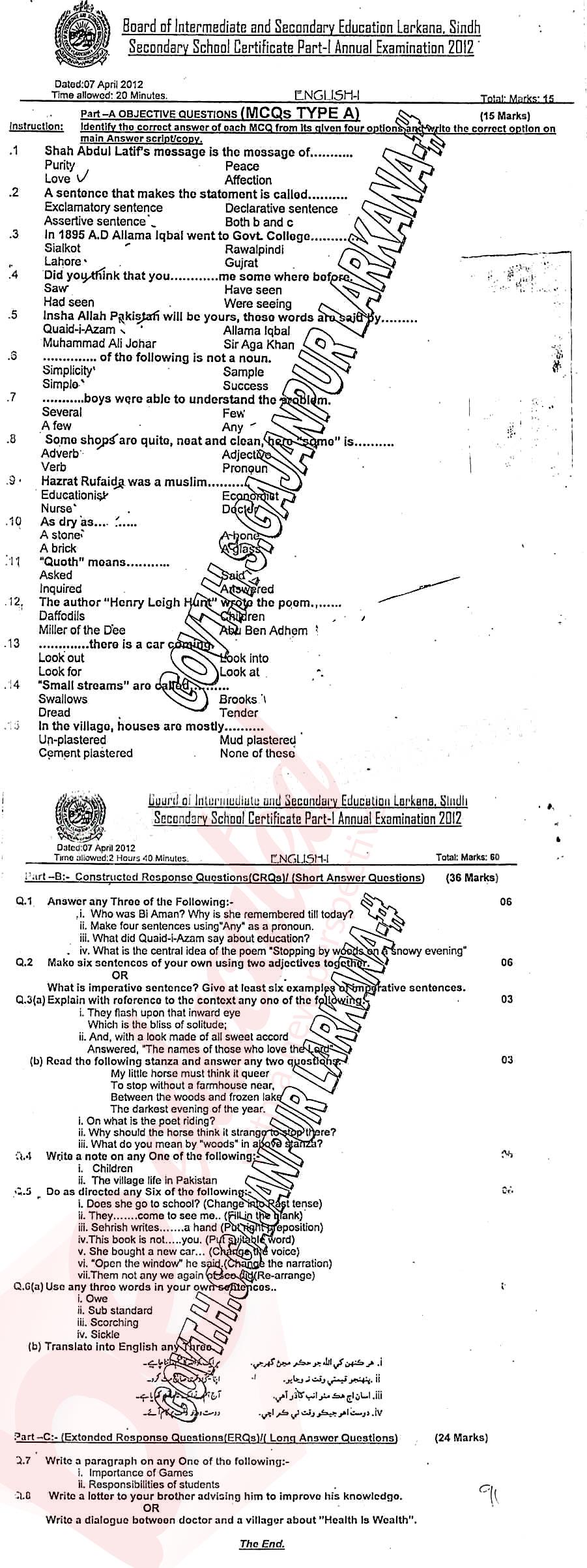 English 9th class Past Paper Group 1 BISE Larkana 2012