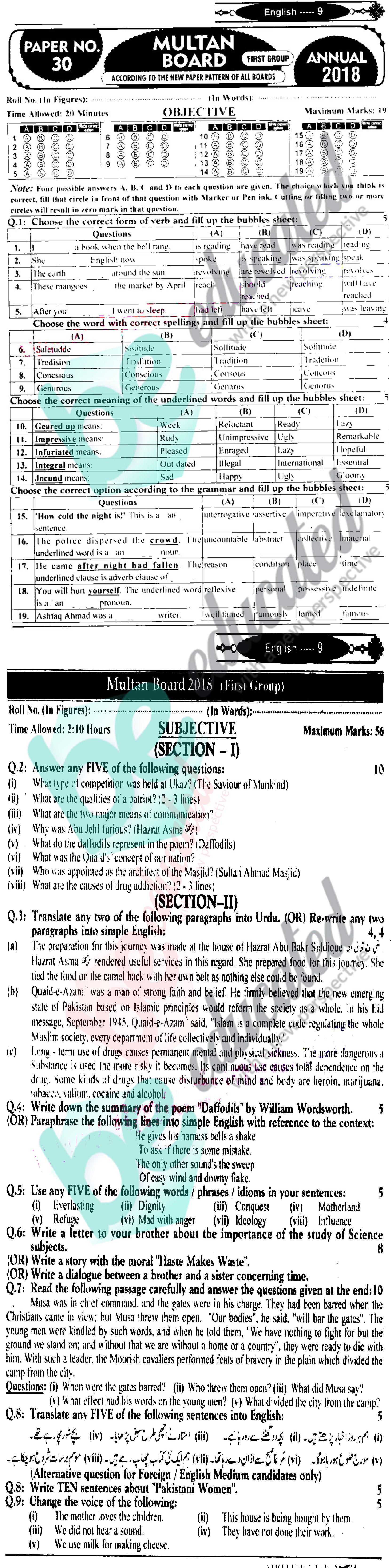 English 9th class Past Paper Group 1 BISE Multan 2018