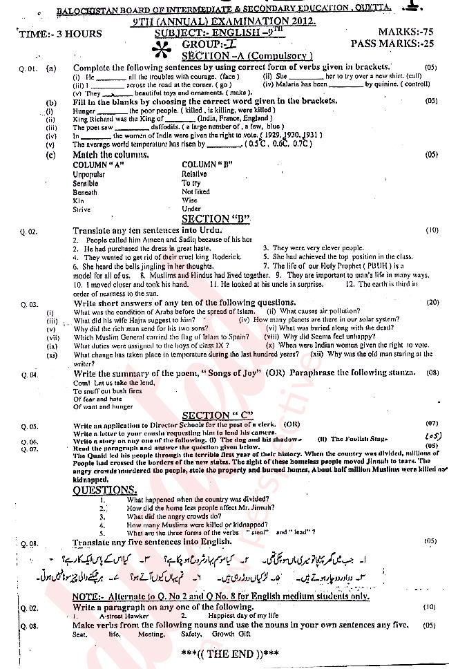 English 9th class Past Paper Group 1 BISE Quetta 2012