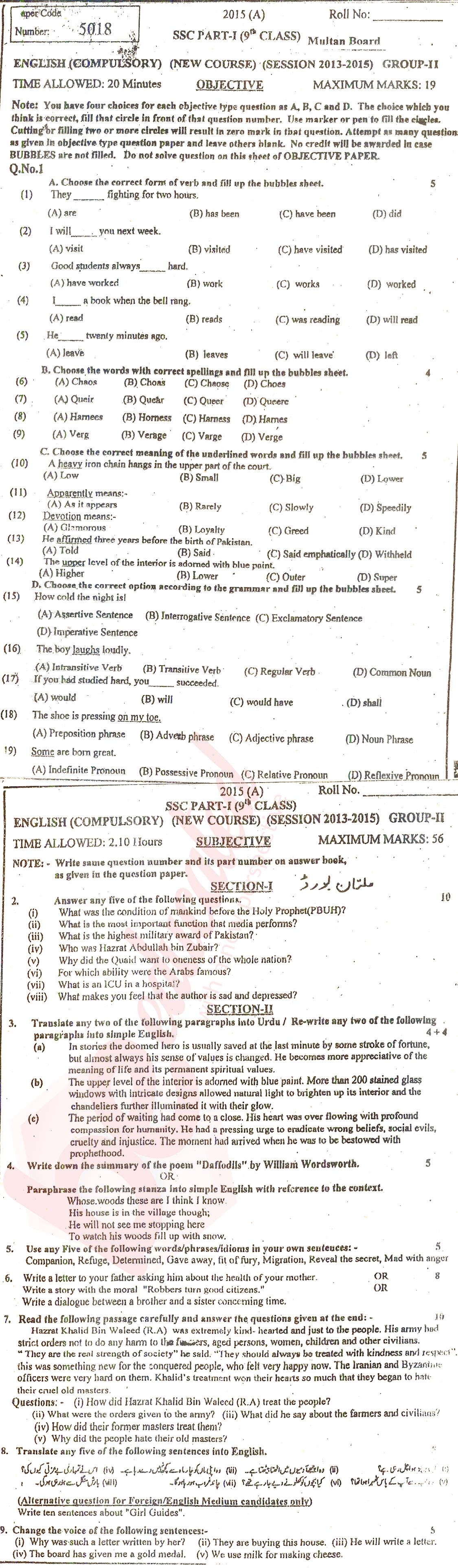 English 9th class Past Paper Group 2 BISE Multan 2015
