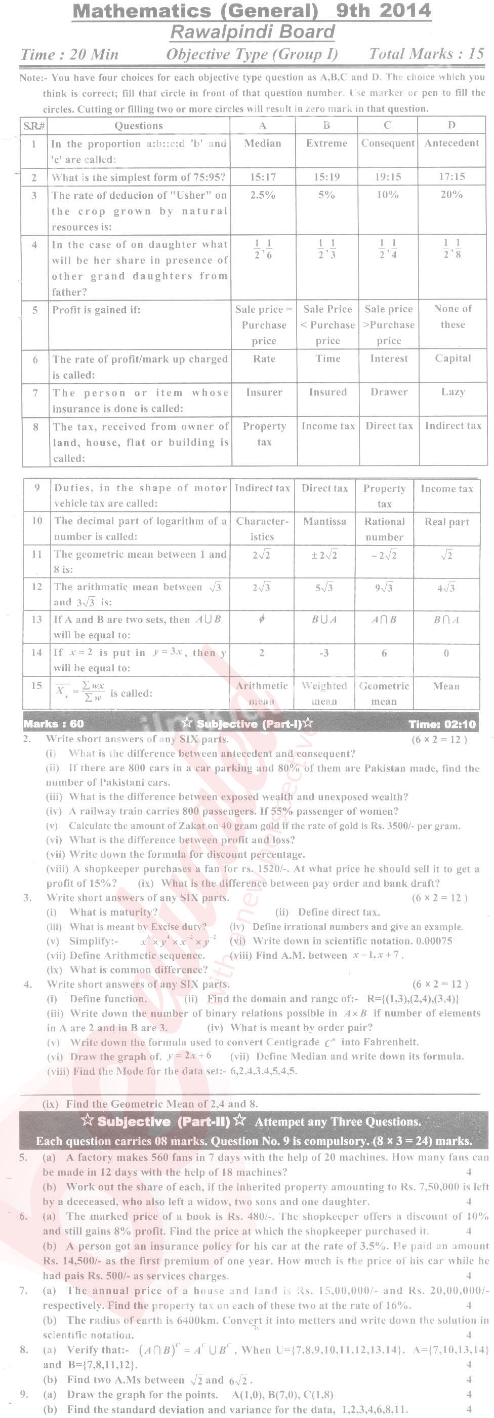 English 9th English Medium Past Paper Group 1 BISE Rawalpindi 2014