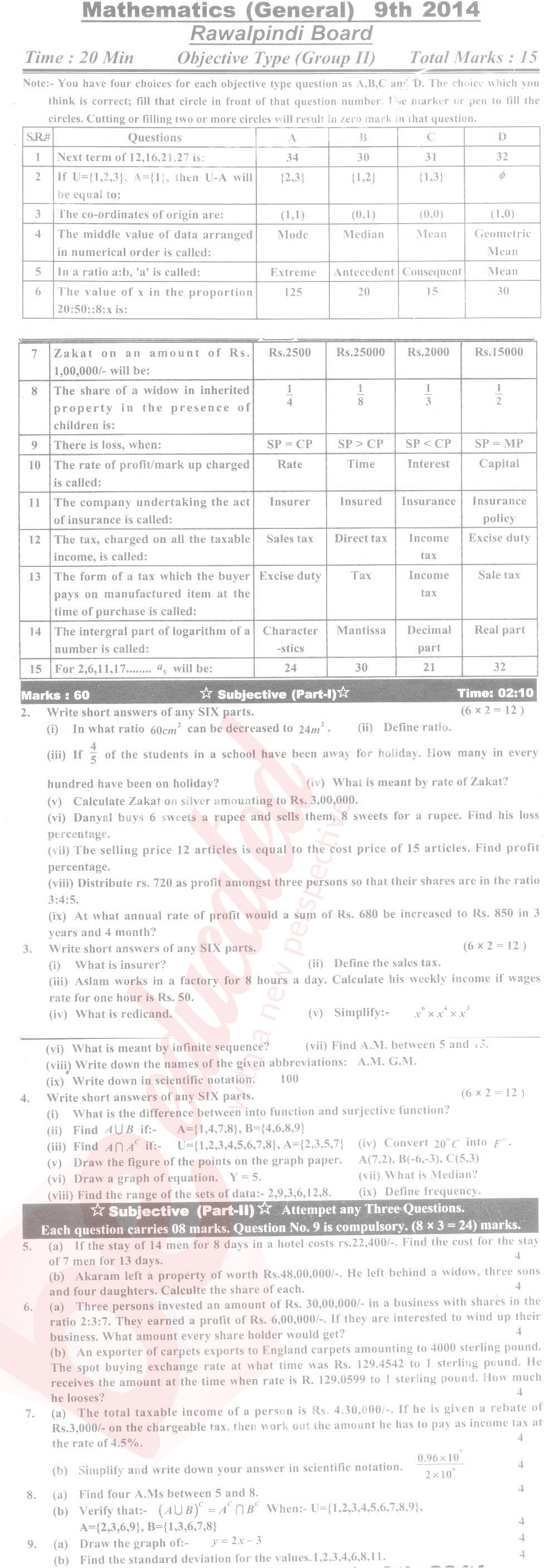 English 9th English Medium Past Paper Group 2 BISE Rawalpindi 2014