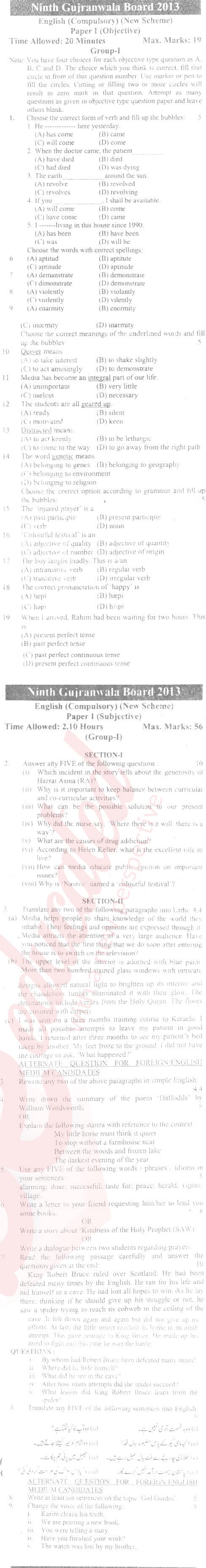 English 9th Urdu Medium Past Paper Group 1 BISE Gujranwala 2013