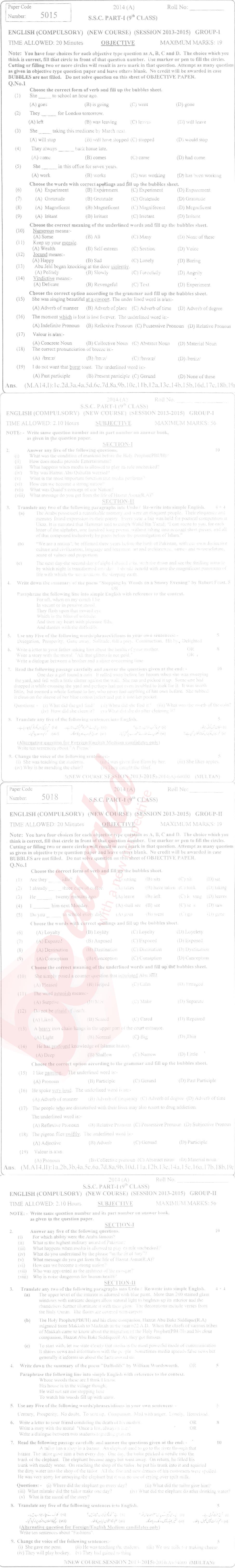 English 9th Urdu Medium Past Paper Group 1 BISE Multan 2014