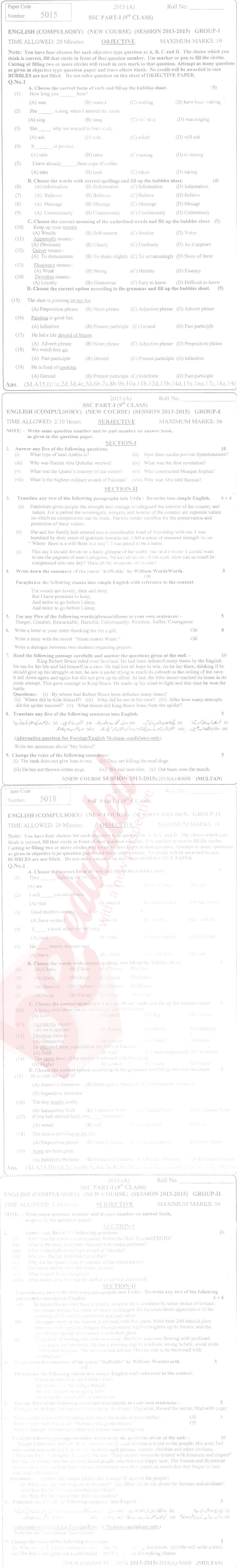 English 9th Urdu Medium Past Paper Group 1 BISE Multan 2015