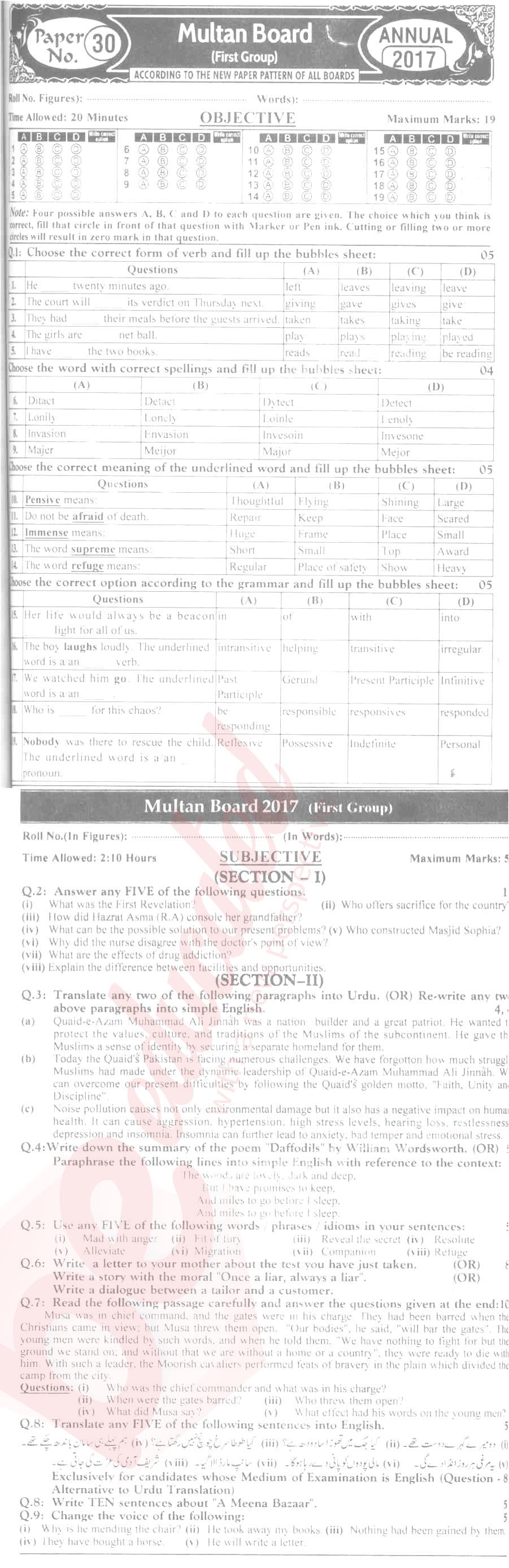 English 9th Urdu Medium Past Paper Group 1 BISE Multan 2017