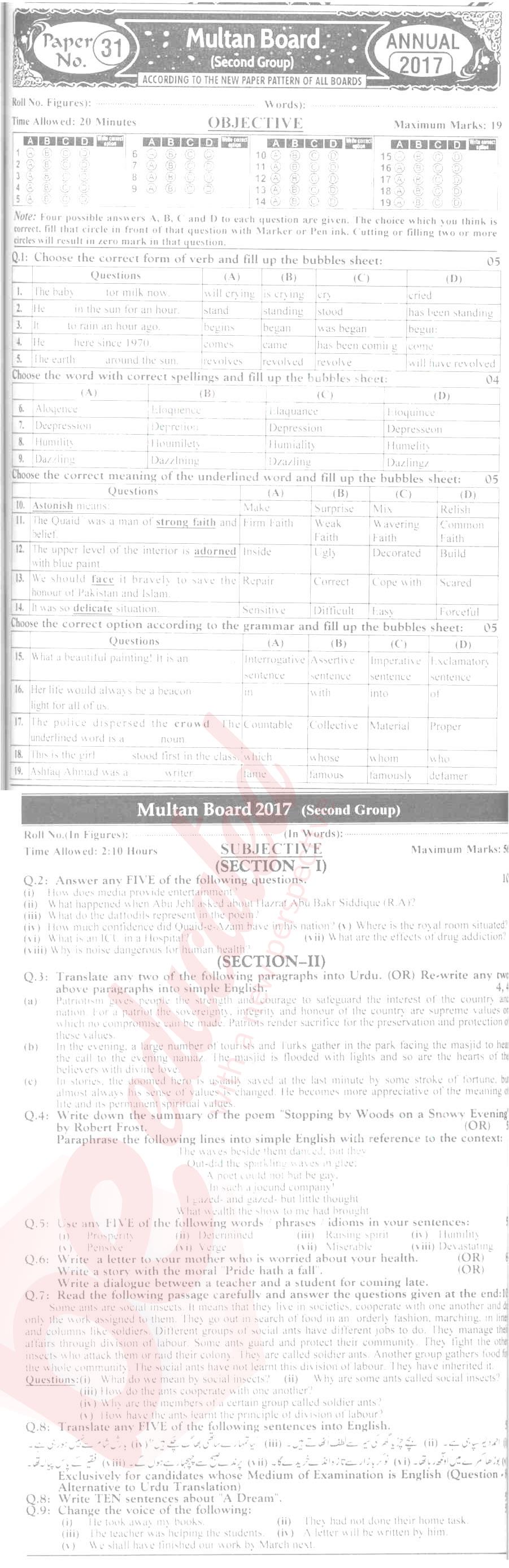 English 9th Urdu Medium Past Paper Group 2 BISE Multan 2017