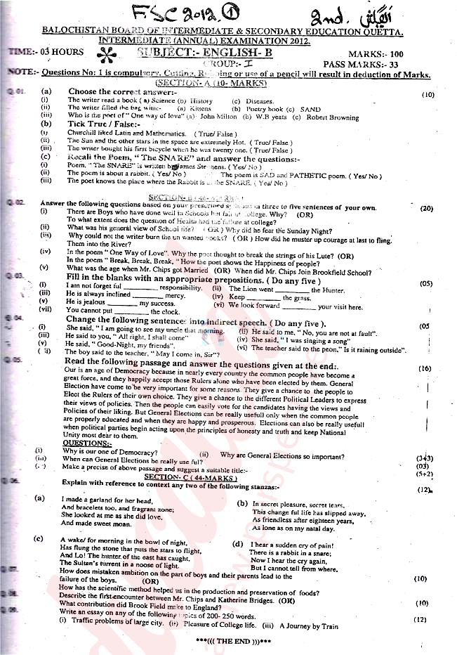 English FA Part 2 Past Paper Group 1 BISE Quetta 2012