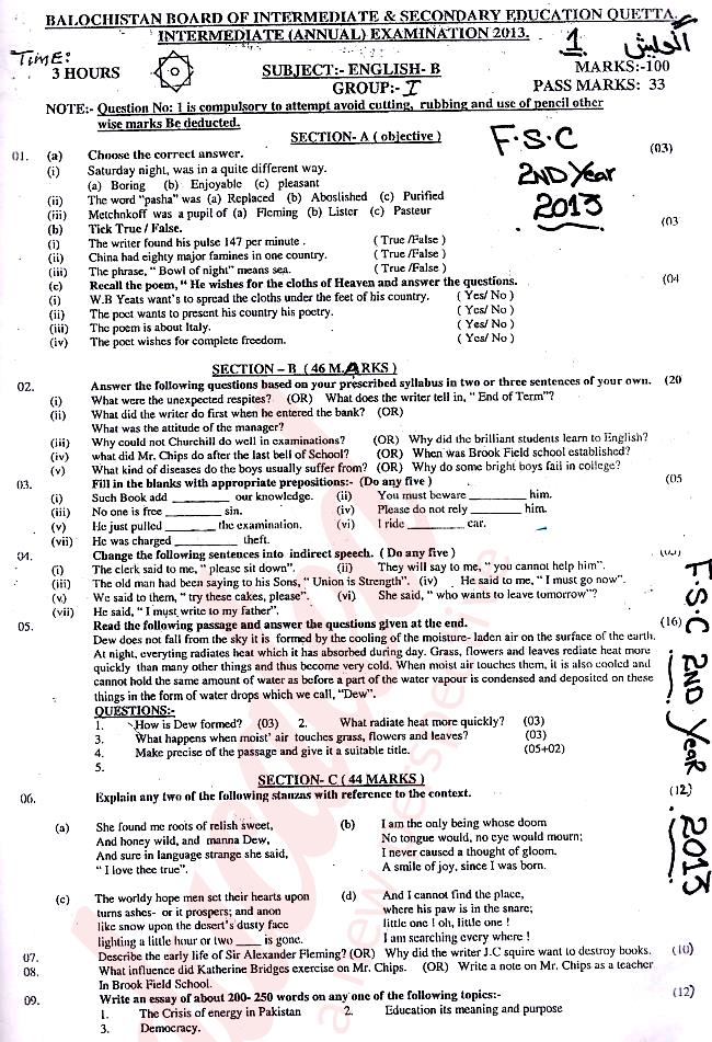 English FA Part 2 Past Paper Group 1 BISE Quetta 2013