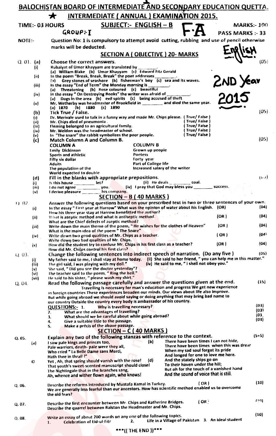 English FA Part 2 Past Paper Group 1 BISE Quetta 2015