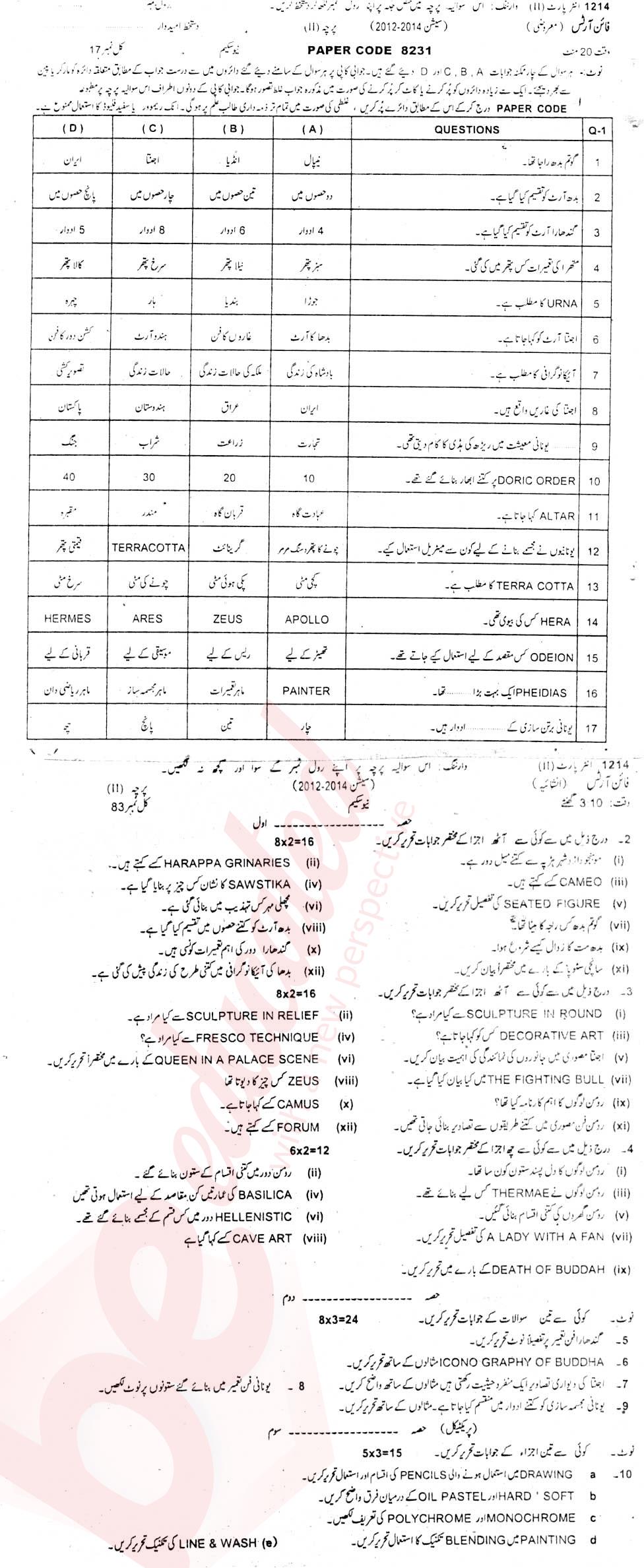 Fine Arts FA Part 2 Past Paper Group 1 BISE Sargodha 2014