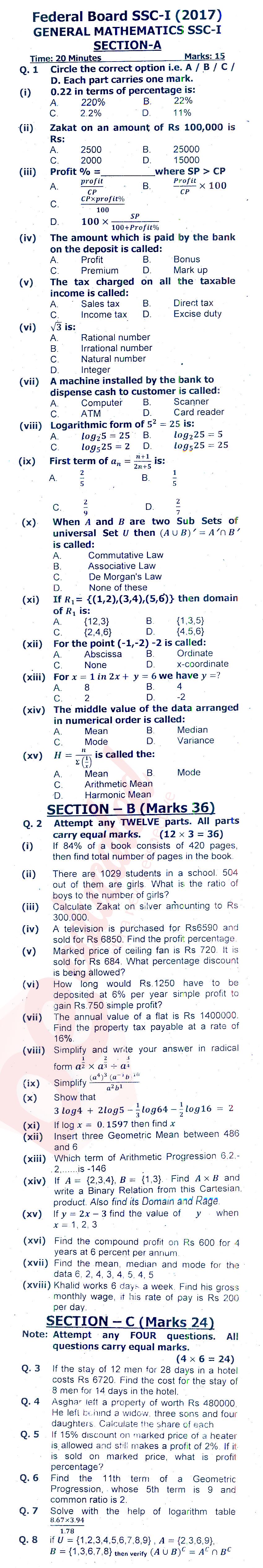 General Math 9th class Past Paper Group 1 Federal BISE  2017