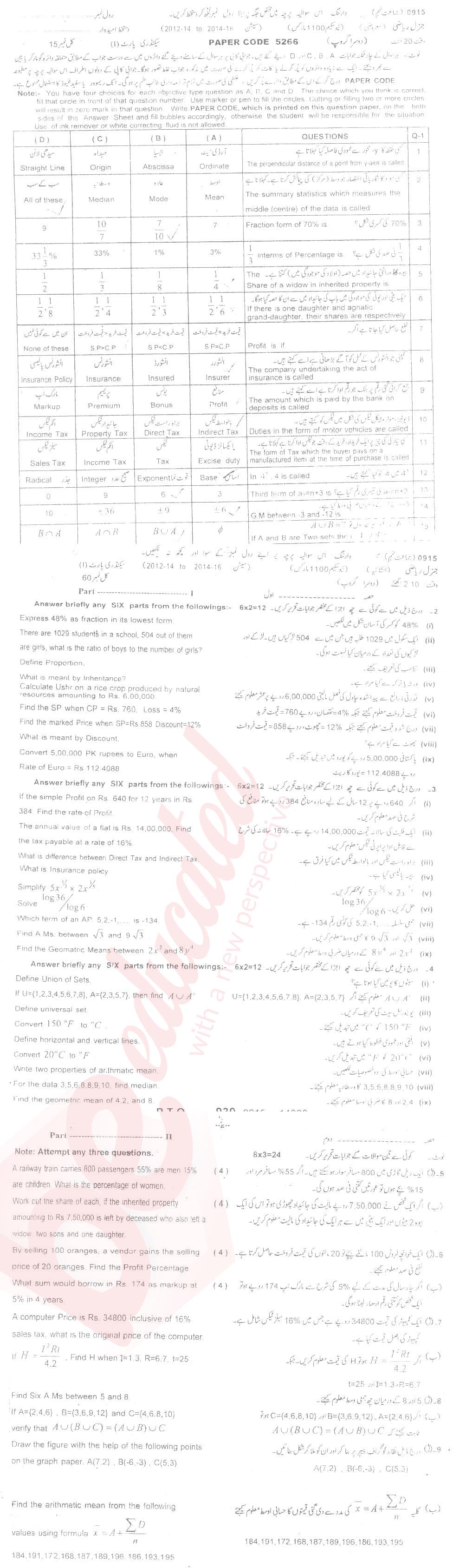 General Math 9th class Past Paper Group 2 BISE Sargodha 2015
