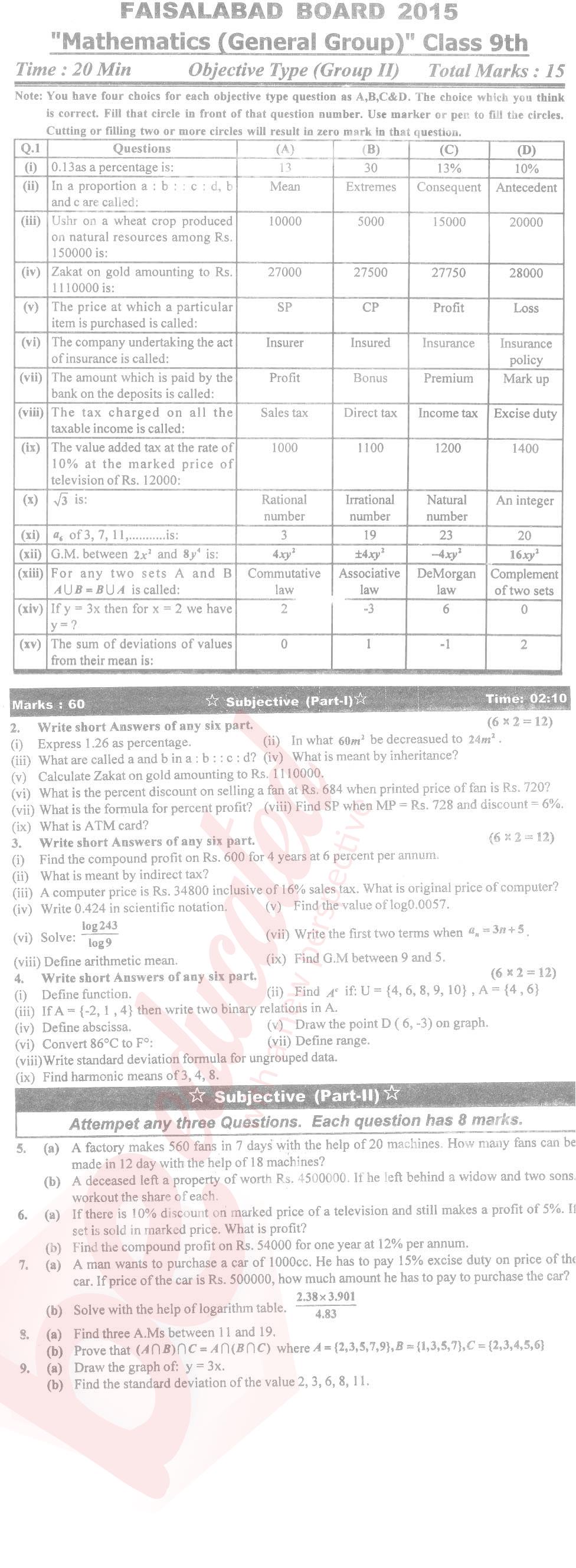 General Math 9th English Medium Past Paper Group 2 BISE Faisalabad 2015
