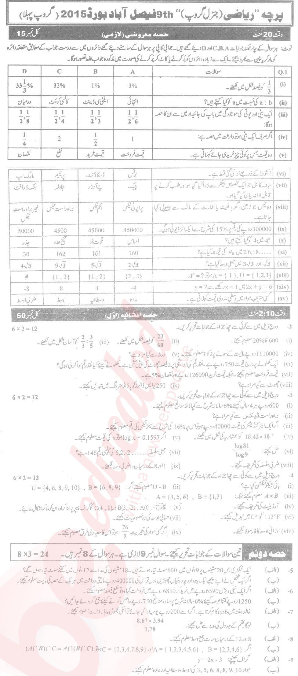 General Math 9th Urdu Medium Past Paper Group 1 BISE Faisalabad 2015