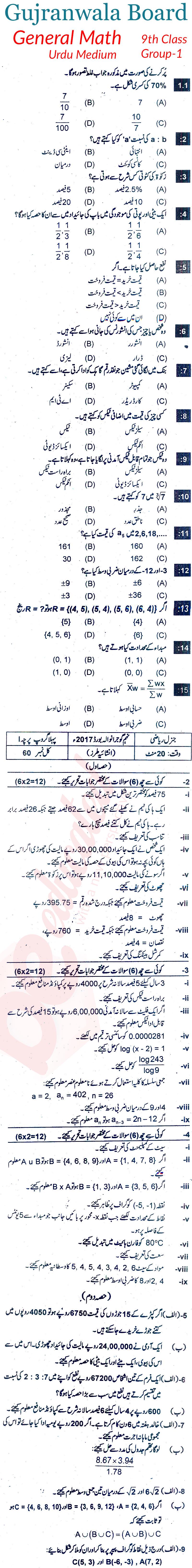 General Math 9th Urdu Medium Past Paper Group 1 BISE Gujranwala 2017