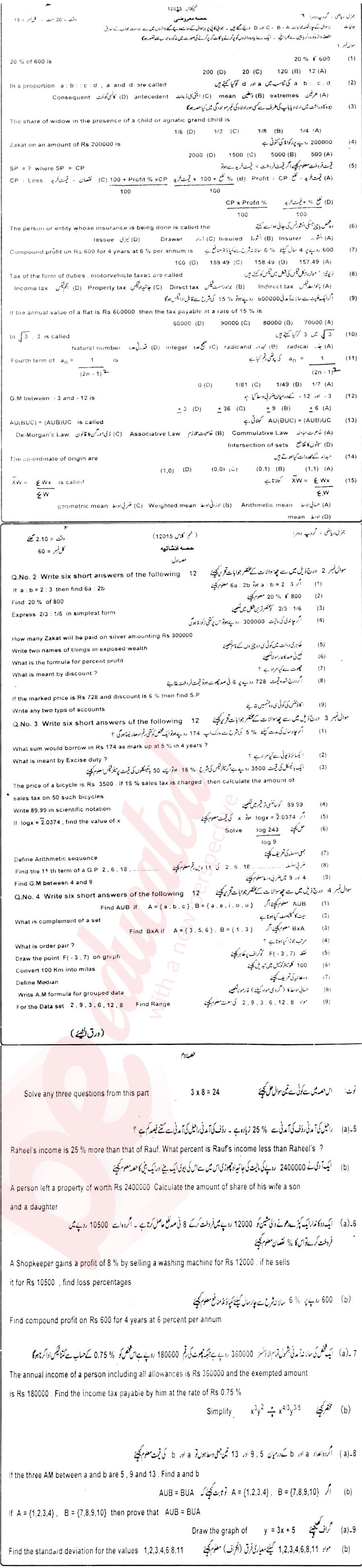 General Math 9th Urdu Medium Past Paper Group 2 BISE DG Khan 2015