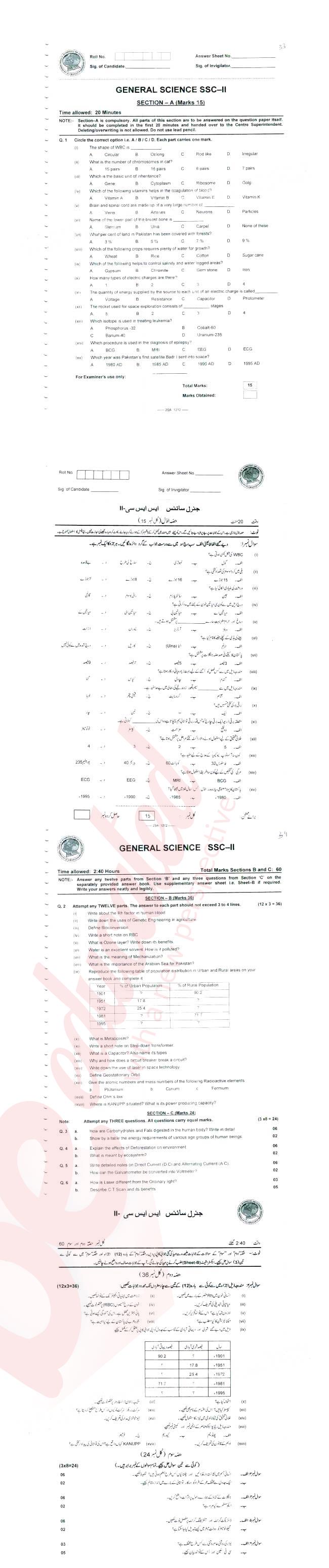 General Science 10th class Past Paper Group 1 Federal BISE  2012