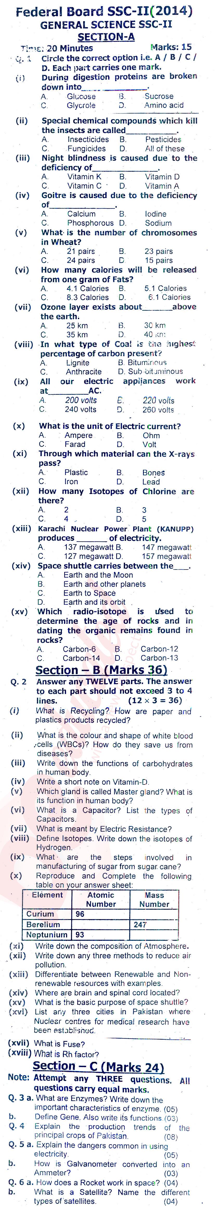 General Science 10th class Past Paper Group 1 Federal BISE  2014