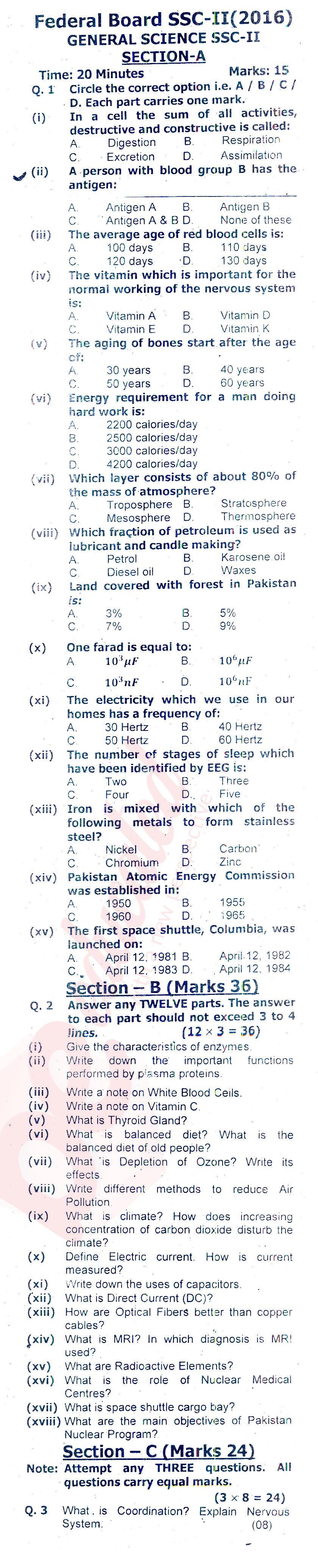 General Science 10th class Past Paper Group 1 Federal BISE  2016