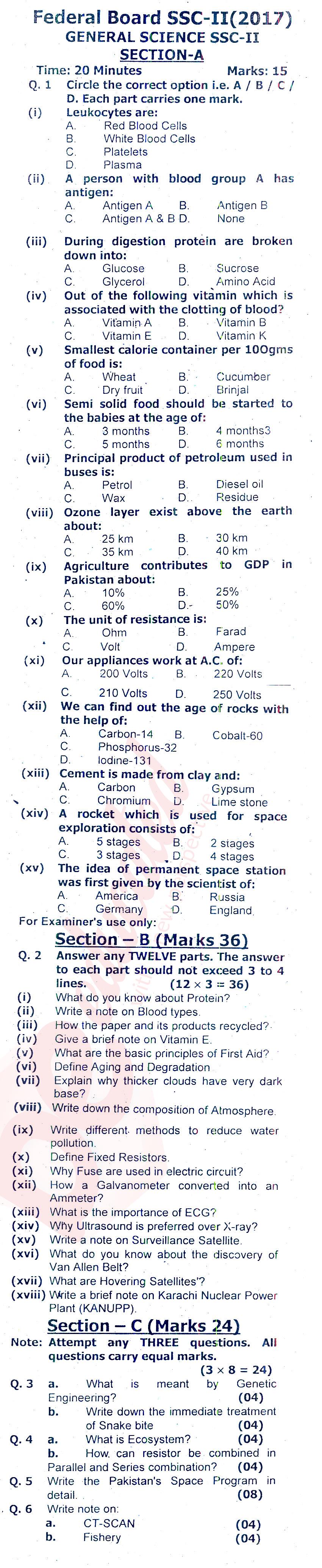 General Science 10th class Past Paper Group 1 Federal BISE  2017