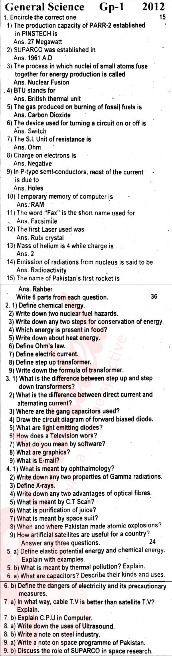 General Science 10th English Medium Past Paper Group 1 BISE Rawalpindi 2012