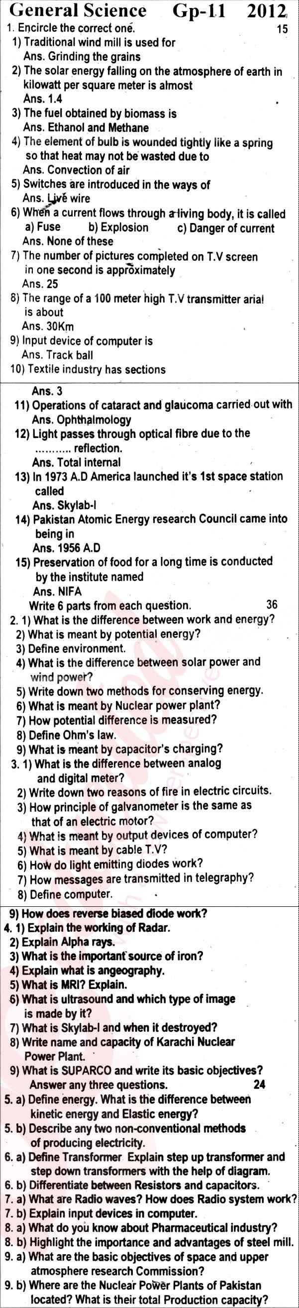 General Science 10th English Medium Past Paper Group 2 BISE Rawalpindi 2012