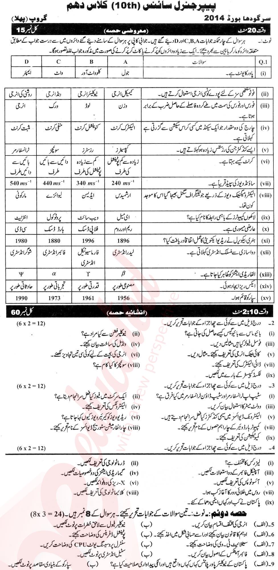 General Science 10th Urdu Medium Past Paper Group 1 BISE Sargodha 2014