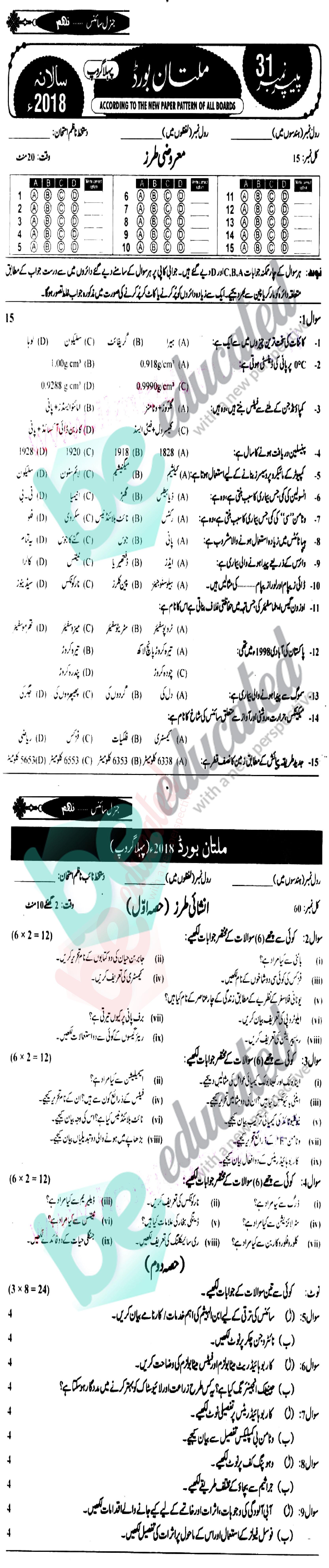 General Science 9th Class Urdu Medium Past Paper Group 1 BISE Multan 2018