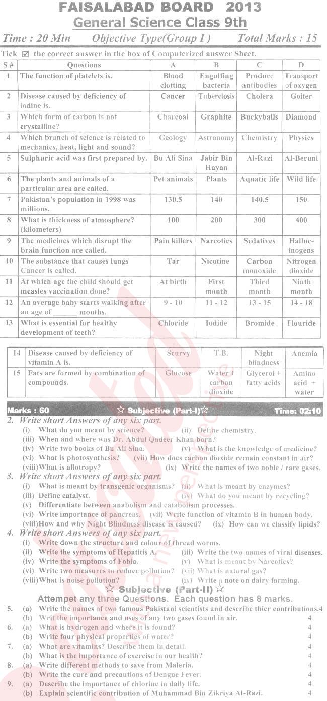 General Science 9th English Medium Past Paper Group 1 BISE Faisalabad 2013