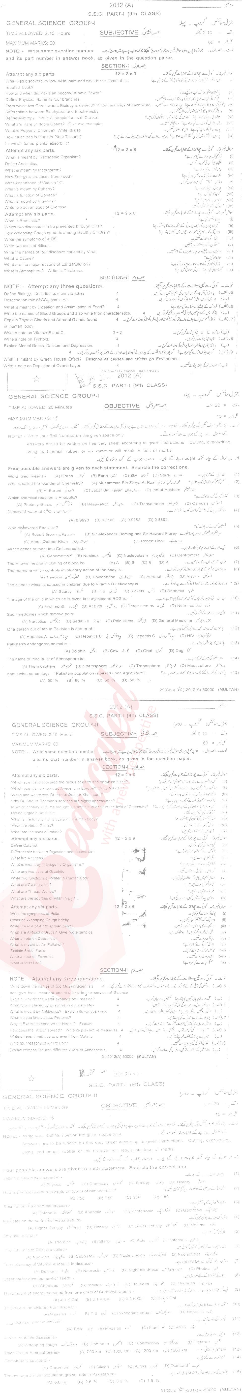 General Science 9th English Medium Past Paper Group 1 BISE Multan 2012