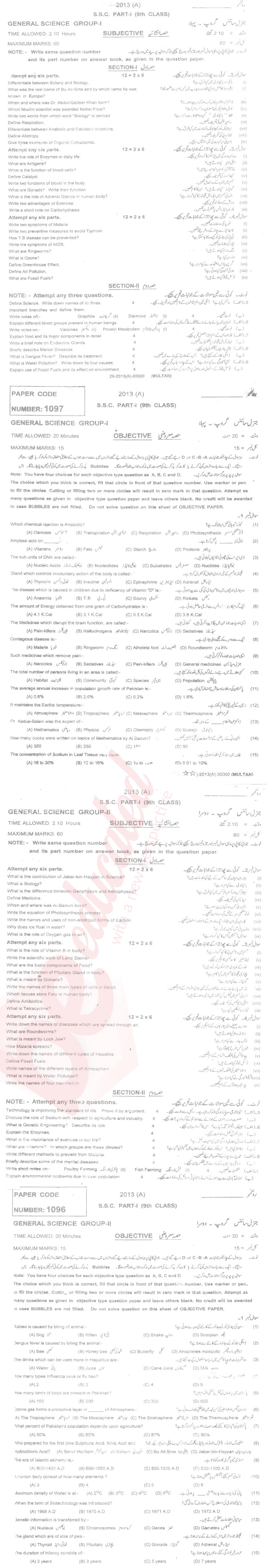 General Science 9th English Medium Past Paper Group 1 BISE Multan 2013