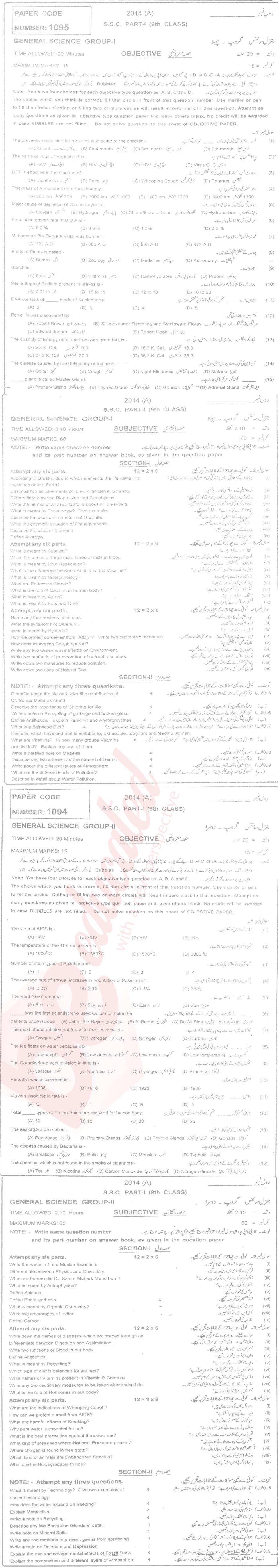 General Science 9th English Medium Past Paper Group 1 BISE Multan 2014