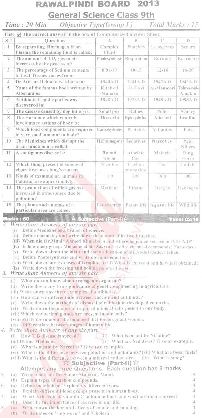 General Science 9th English Medium Past Paper Group 1 BISE Rawalpindi 2013