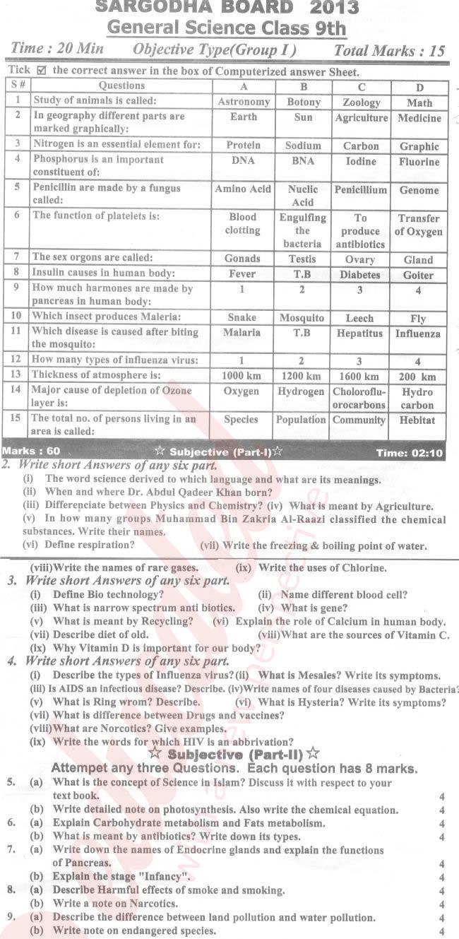 General Science 9th English Medium Past Paper Group 1 BISE Sargodha 2013