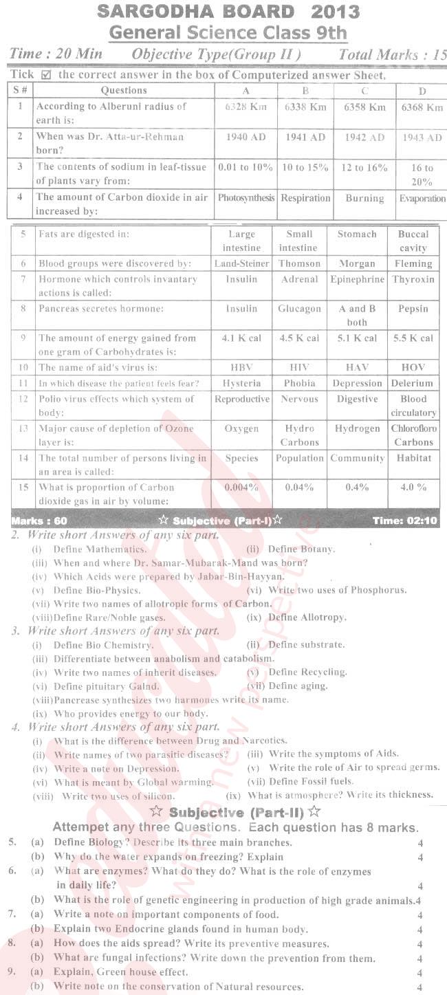 General Science 9th English Medium Past Paper Group 2 BISE Sargodha 2013