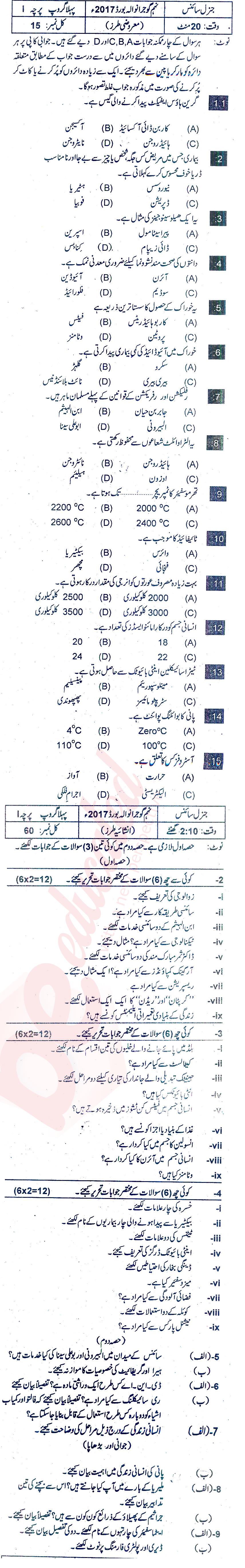 General Science 9th Urdu Medium Past Paper Group 1 BISE Gujranwala 2017