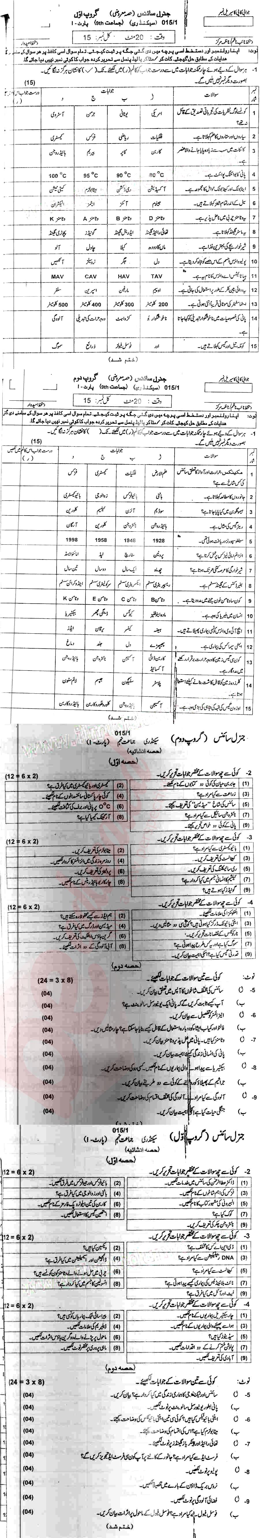 General Science 9th Urdu Medium Past Paper Group 1 BISE Mirpurkhas 2015