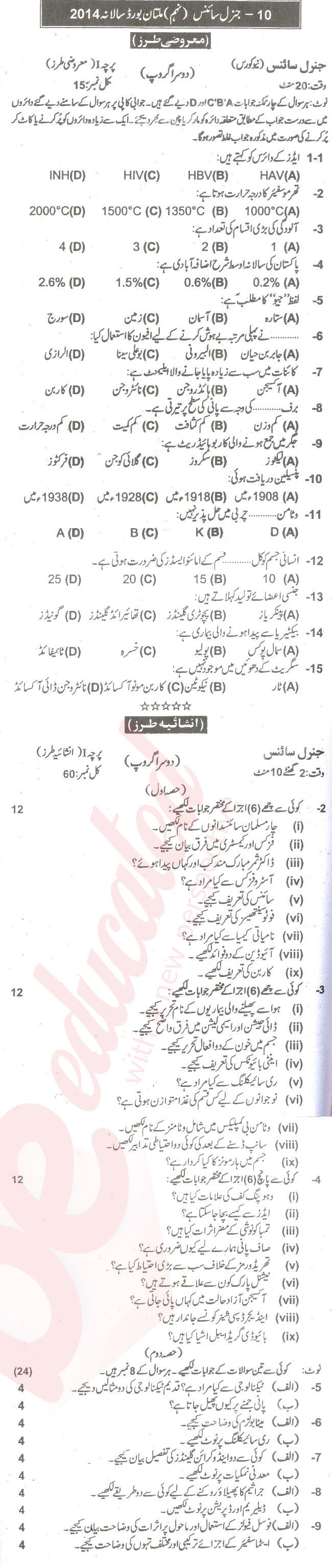 General Science 9th Urdu Medium Past Paper Group 2 BISE Multan 2015