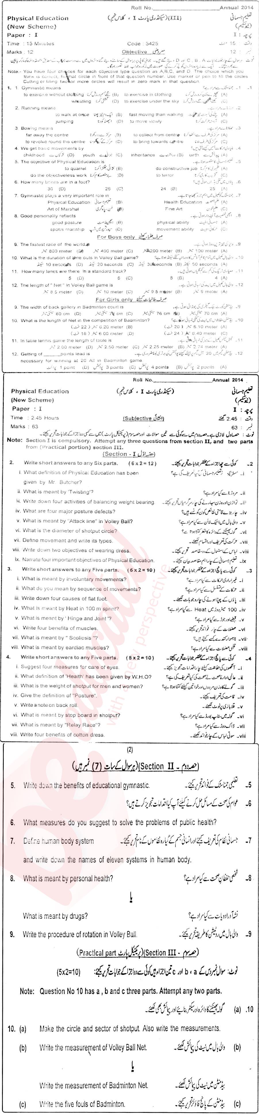 Health and Physical Education 9th class Past Paper Group 1 BISE Sahiwal 2014