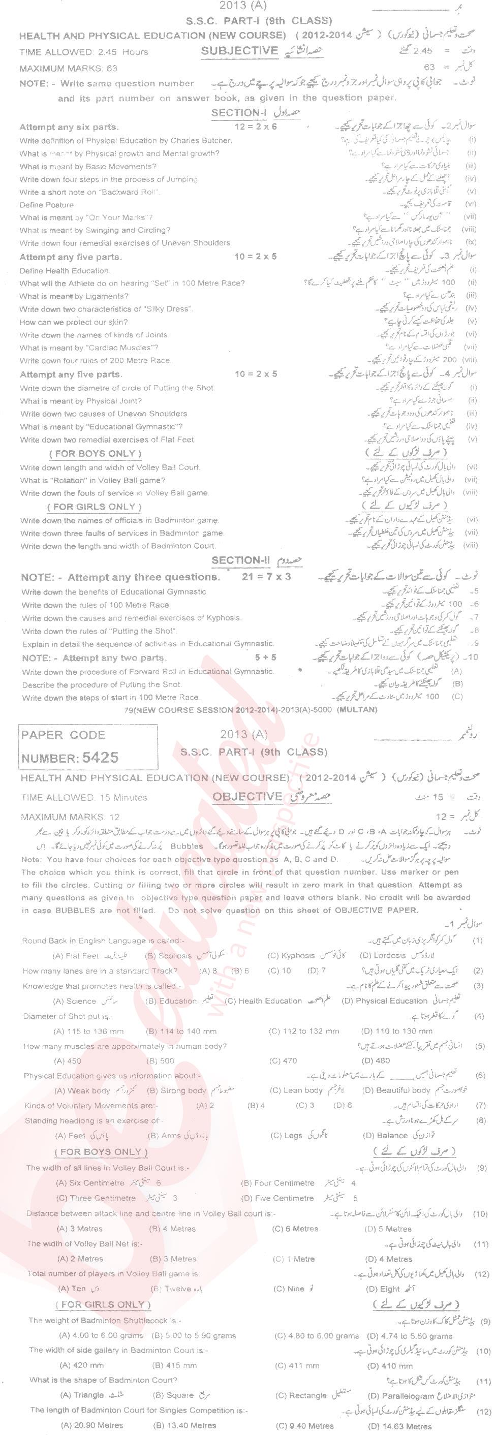 Health and Physical Education 9th English Medium Past Paper Group 1 BISE Multan 2013