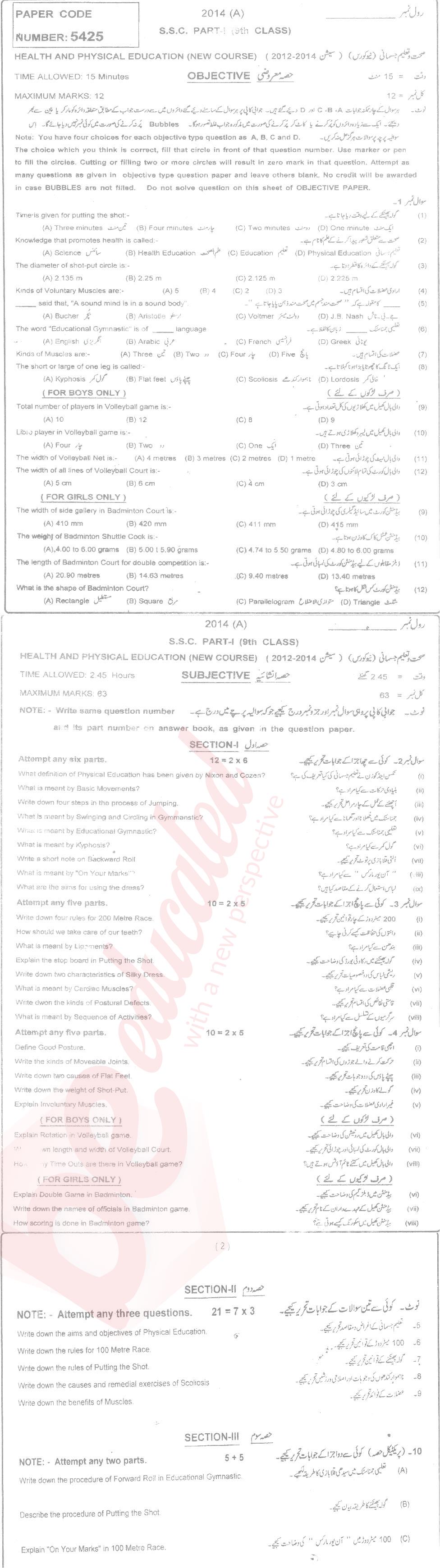 Health and Physical Education 9th English Medium Past Paper Group 1 BISE Multan 2014