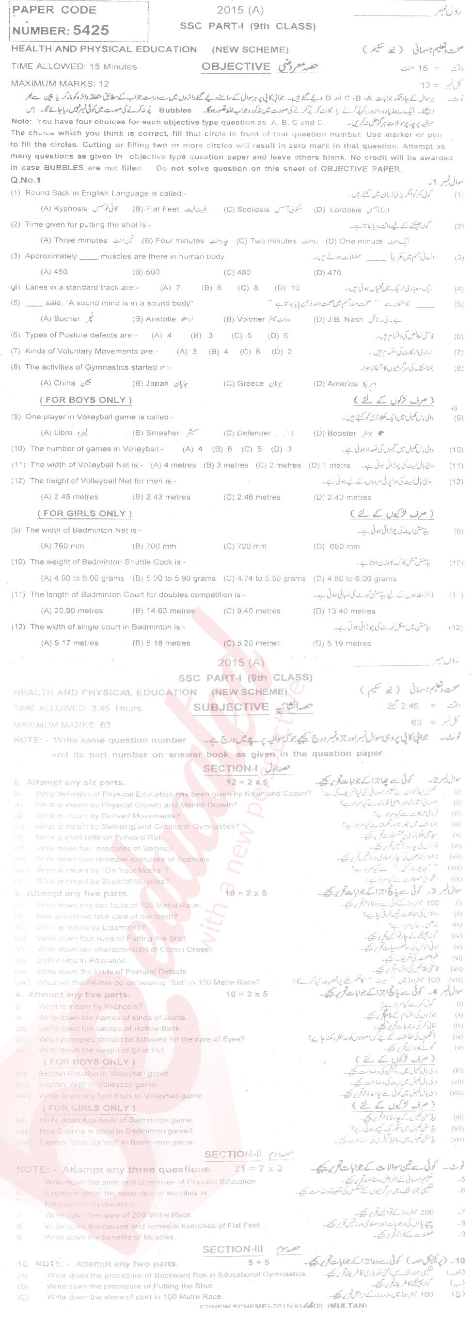 Health and Physical Education 9th English Medium Past Paper Group 1 BISE Multan 2015