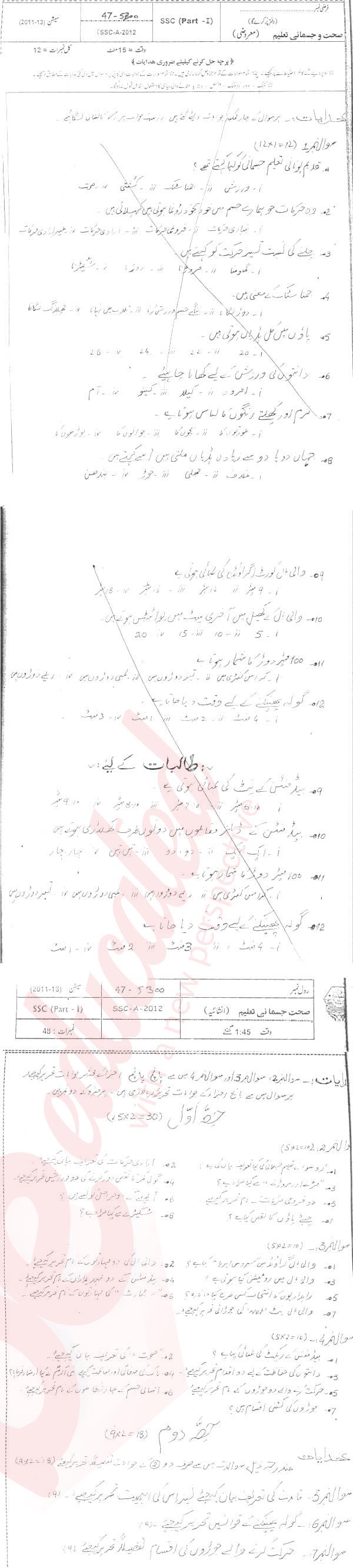 Health and Physical Education 9th Urdu Medium Past Paper Group 1 BISE Bahawalpur 2012