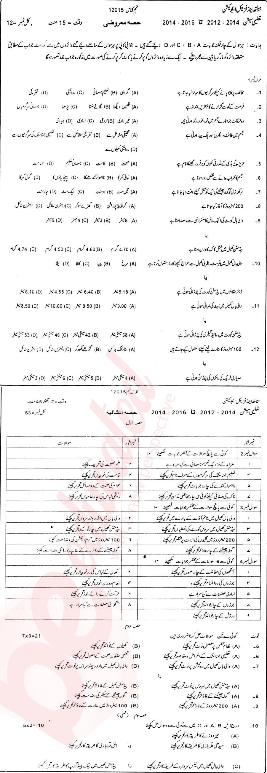 Health and Physical Education 9th Urdu Medium Past Paper Group 1 BISE DG Khan 2015