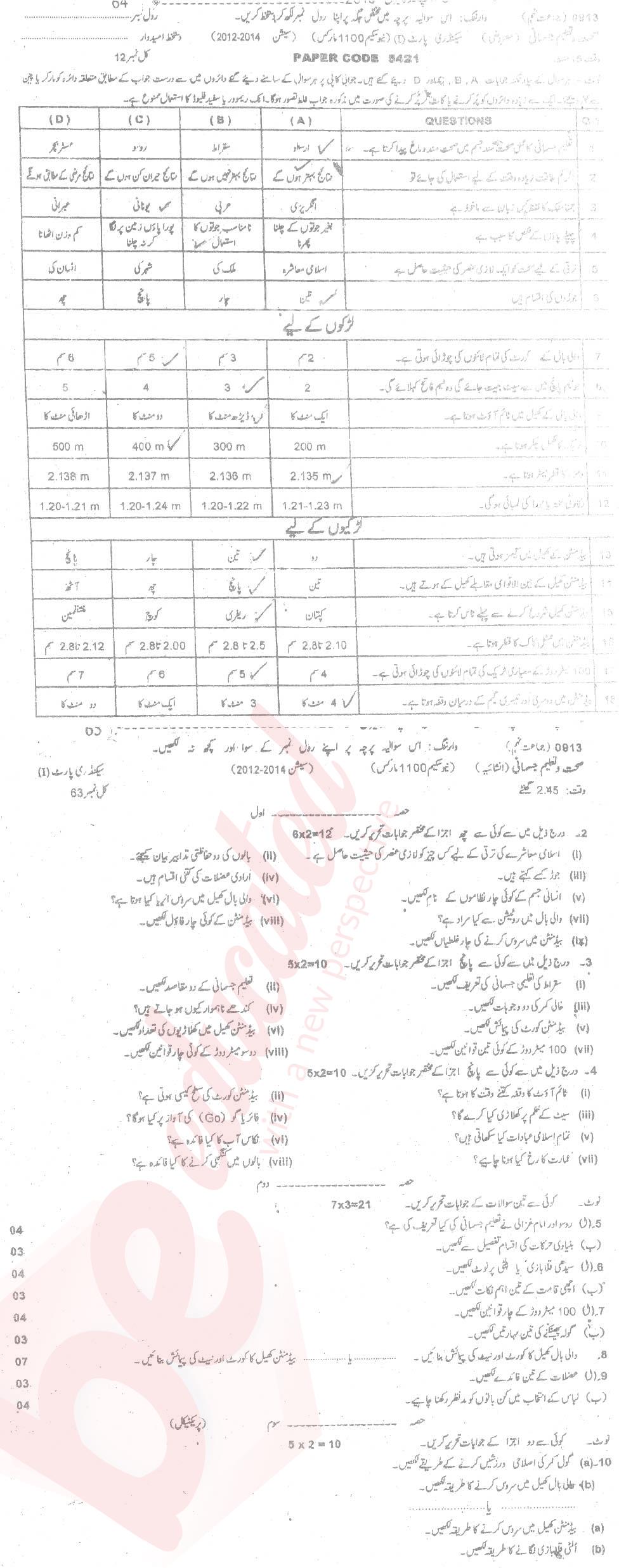 Health and Physical Education 9th Urdu Medium Past Paper Group 1 BISE Sargodha 2013